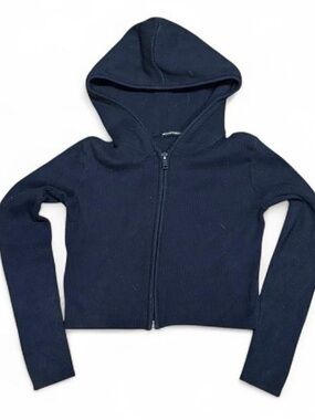 Brandy Melville Ribbed Knit Navy Cropped Zip Up Hoodie